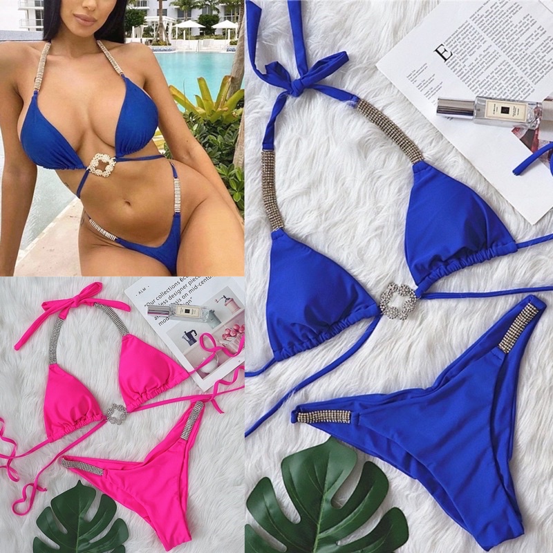 [BKN1181] &lt;ÂU&gt; SET BIKINI XANH COBALT/HỒNG KHUY NGỰC MIX ĐÁ (CHUN MÔNG)