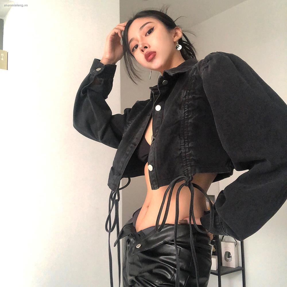 Áo khoác denim ngắn tay phồng thiết kế dây rút thời trang dành cho nữ