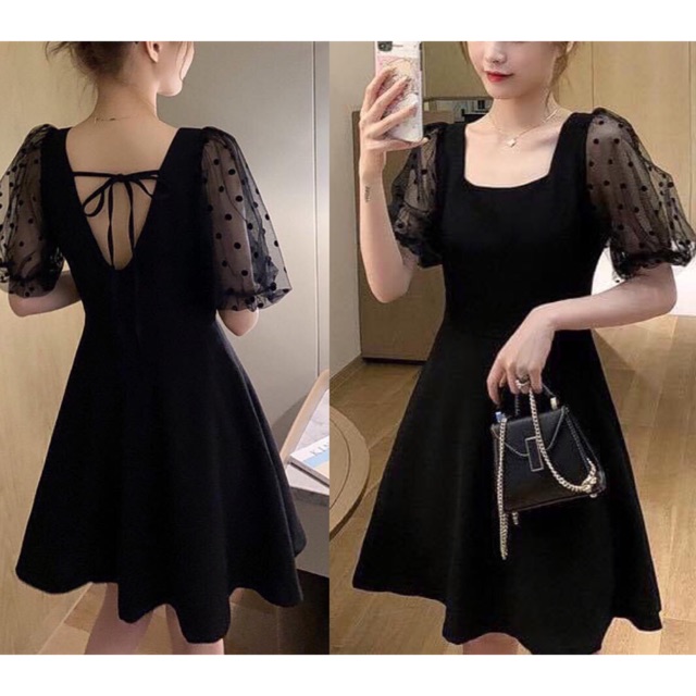 Đầm Lưới Tay Phồng Chấm Bi