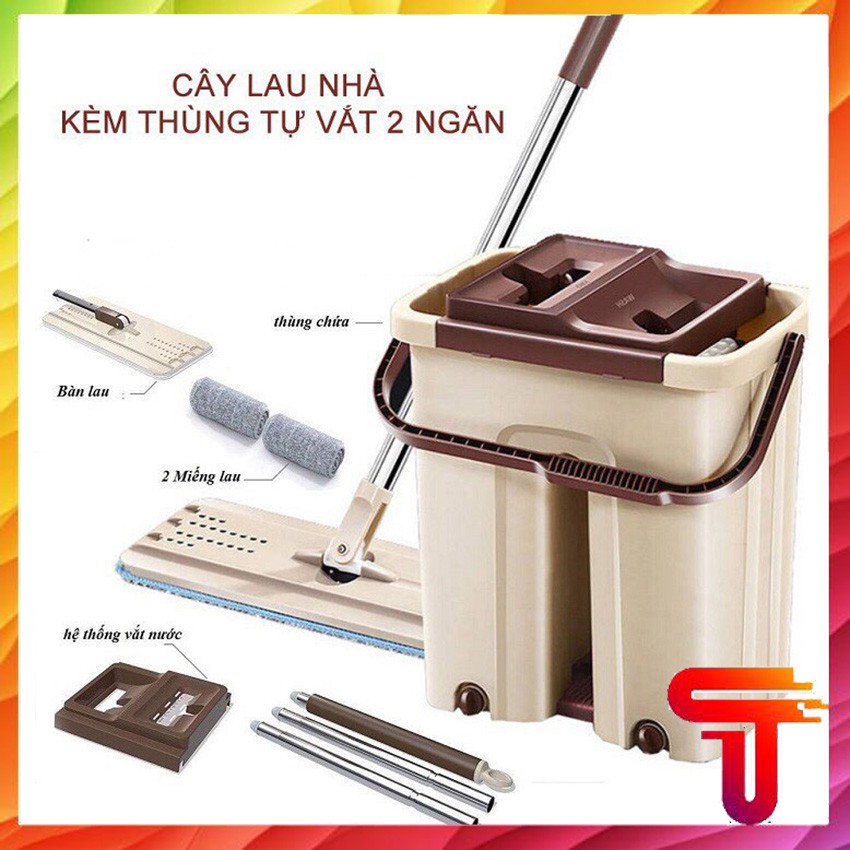 Bộ Cây Lau Nhà, chổi lau nhà thông minh 360 tự vắt, tặng kèm 2 miếng lau siêu sạch Chính Hãng TaNoSa Cao Cấp Loại To