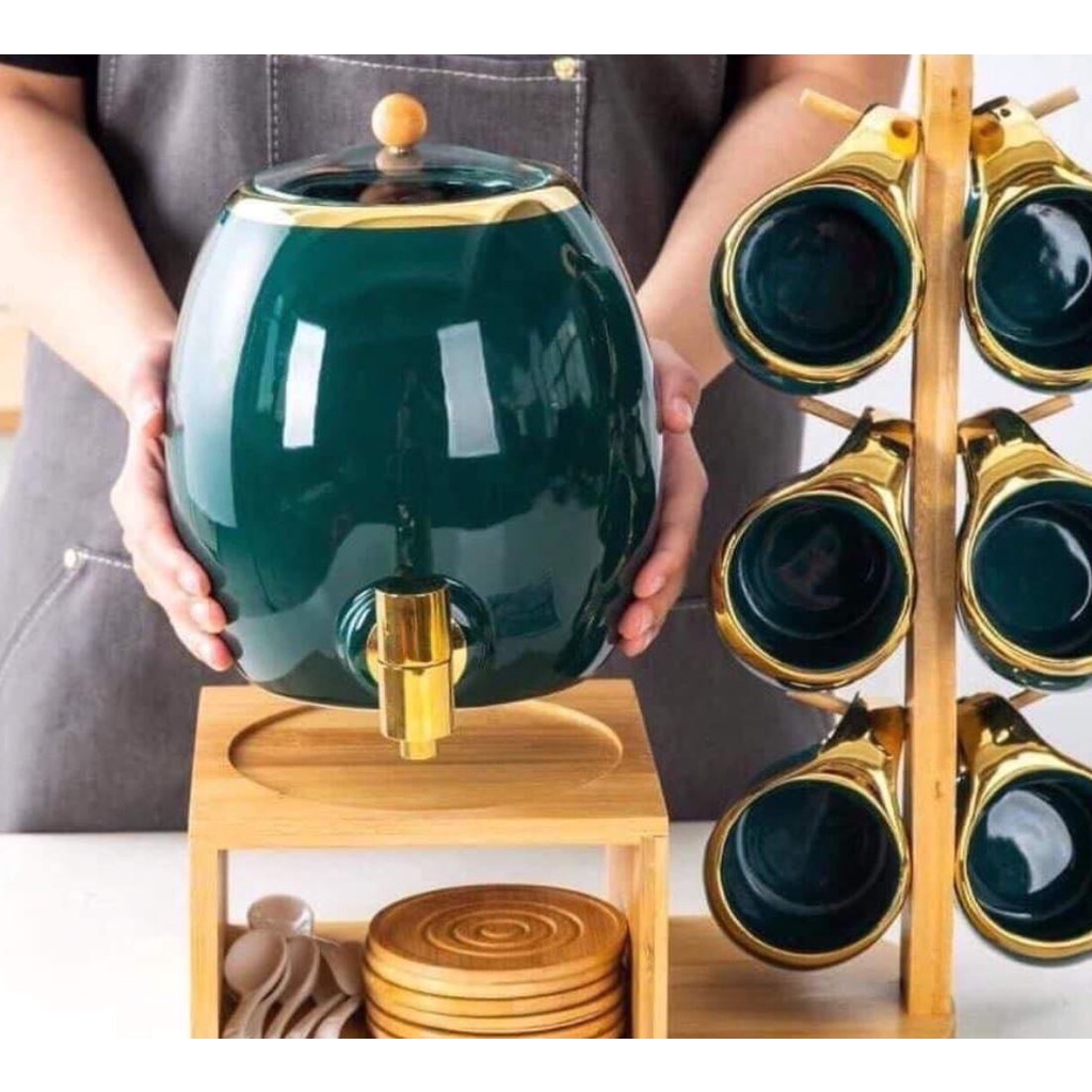 Bộ bình trà gốm sứ, bình trà sứ cao cấp xanh cổ vịt viền vàng dung tích 3l phong cách Bắc Âu