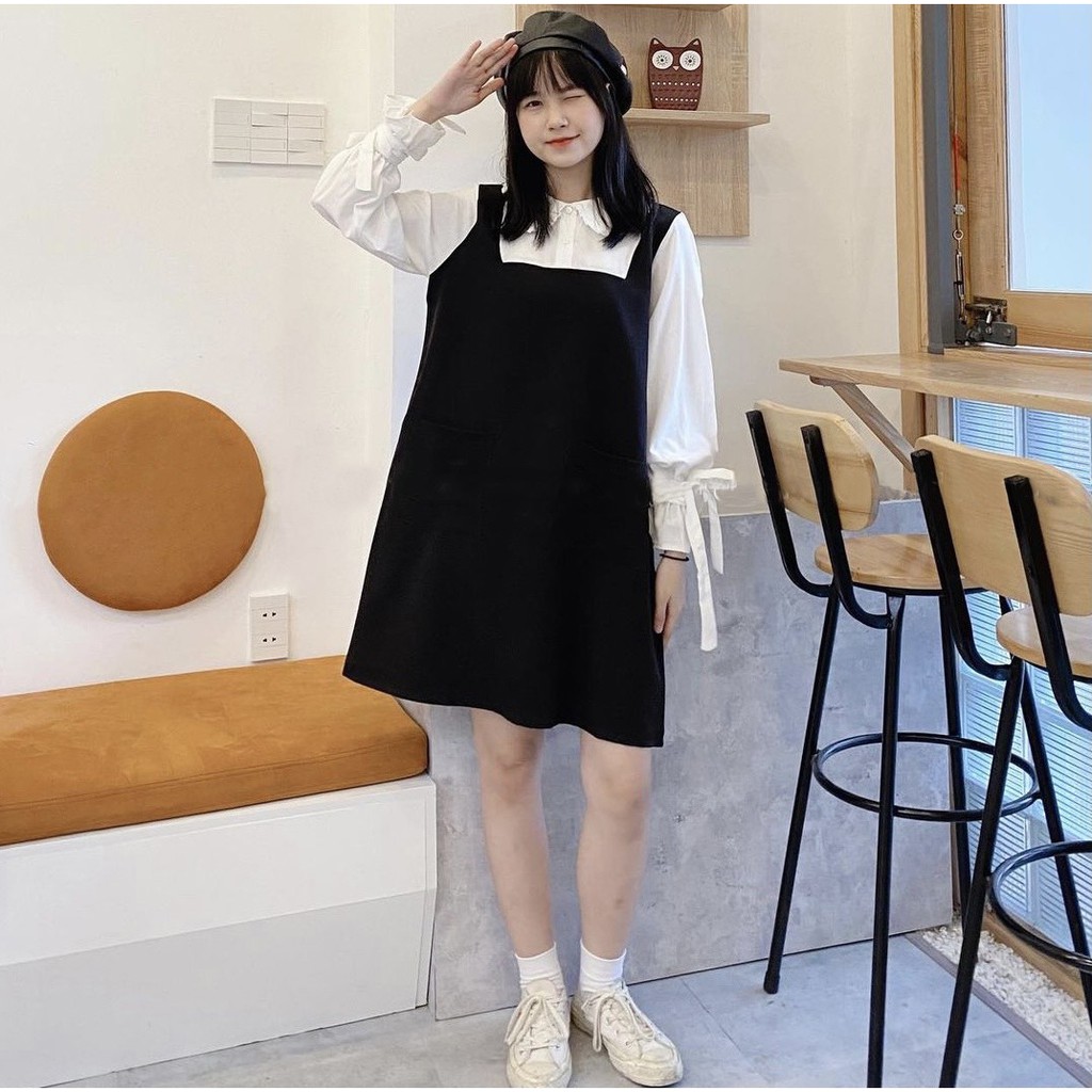 Đầm chữ A tay pha màu trắng - Váy Yếm Thiết Kế Tay Nơ Hàn Quốc