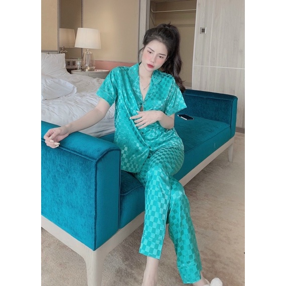 Set bộ mặc nhà nữ pijama tay ngắn quần dài lụa gấm freesize 40-60kg tùy chiều cao