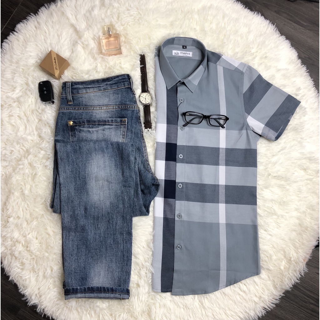 Áo sơ mi kẻ tay ngắn vải cotton , bbr cộc tay kẻ to thoáng mầu xanh ghi