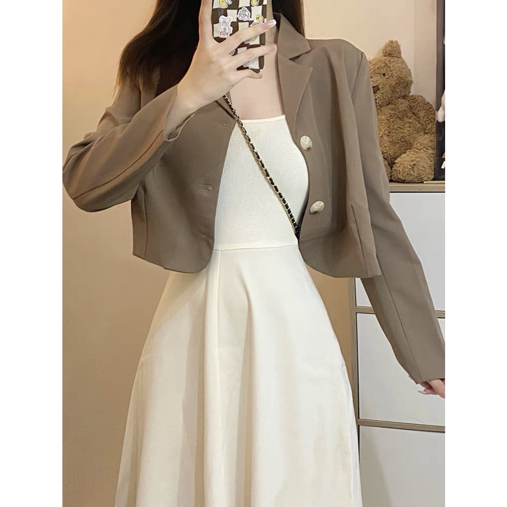 [Ảnh thật/Sẵn] Áo blazer dáng ngắn croptop dài tay 2 lớp ulzzang