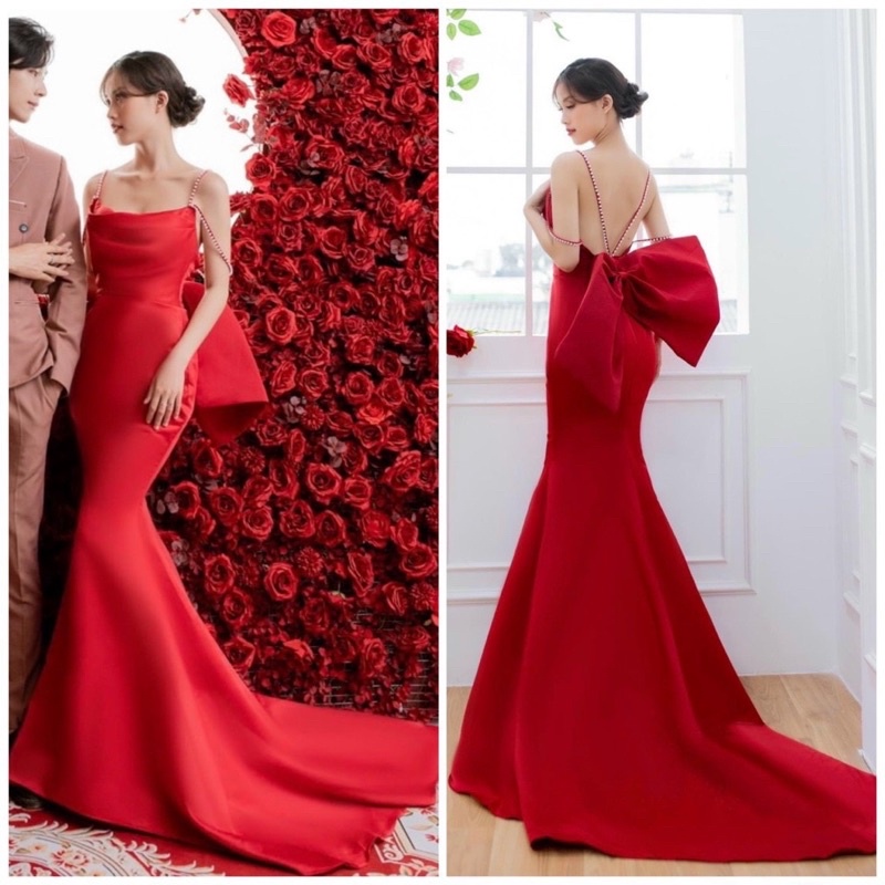 Đầm maxi body TRIPBLE T DRESS mặc cưới đi bàn đuôi cá hở nơ lưng - size S/M/L -MS238Y