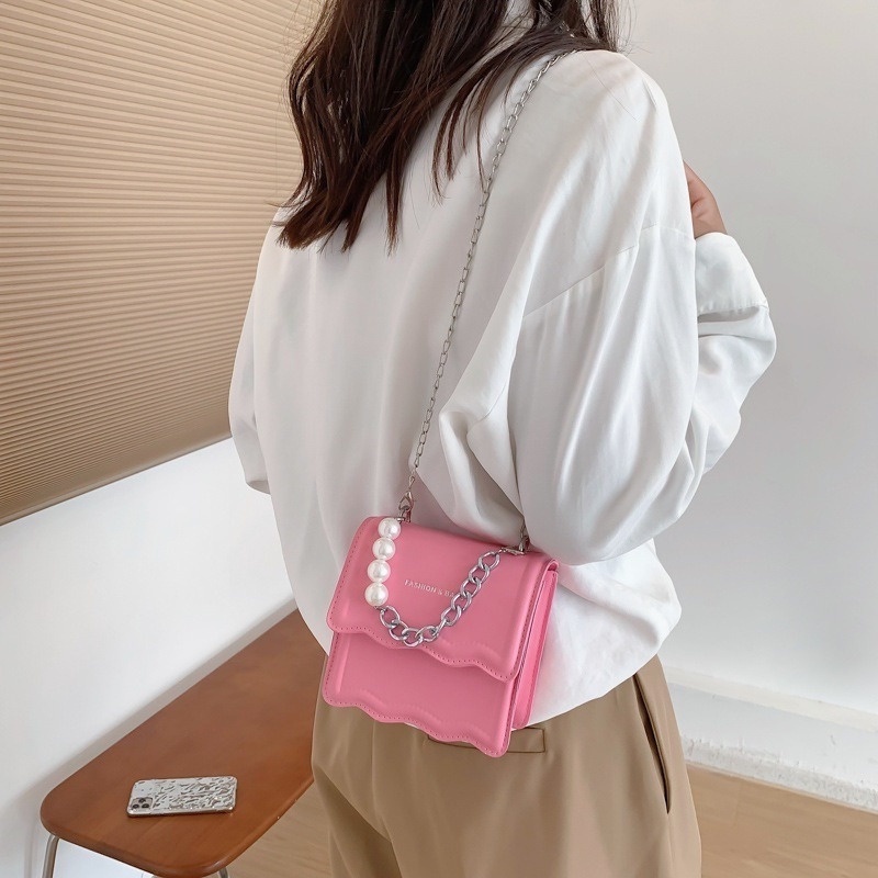 Túi Đeo Chéo Dáng Vuông Nhỏ Màu Trơn Đính Hạt Giả Ngọc Trai Phong Cách Mới 2022 NB00170