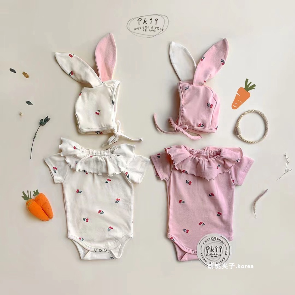 Bộ Áo Liền Quần Tay Ngắn + Mũ Tai Thỏ Thời Trang Mùa Hè Cho Bé Gái Sơ Sinh