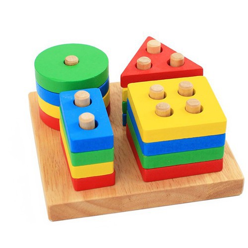 Đồ chơi gỗ,Thả Hình Khối Luồn Cọc Montessori 4 cọc - Giúp bé Học Phân Biệt Màu Sắc, Hình Khối