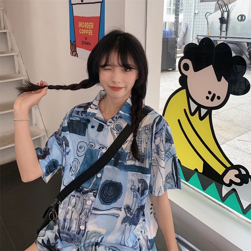 Áo sơ mi SUXI tay ngắn dáng rộng in họa tiết phong cách cổ điển cho nữ