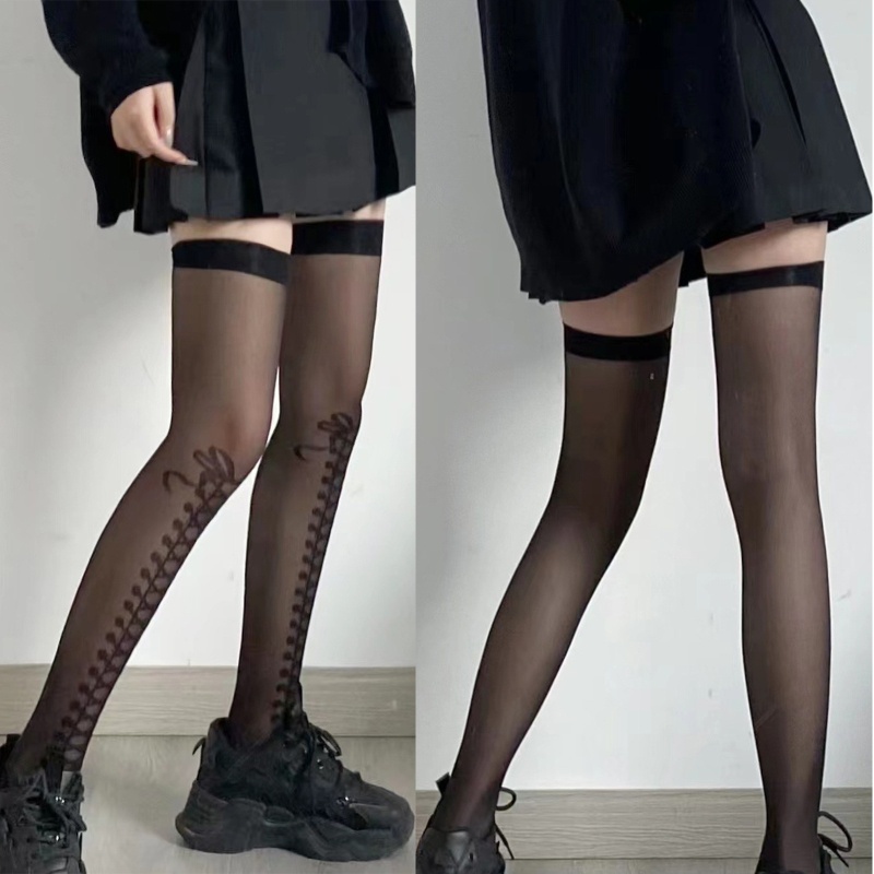 Youyo Vớ Cao Qua Đùi Mỏng Màu Đen Phối Nơ Phong Cách Harajuku Nhật Bản Harajuku Cho Nữ