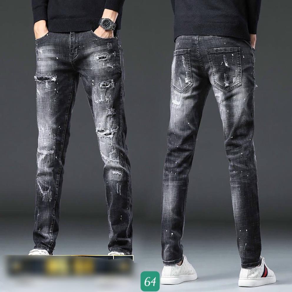 Quần Jeans Nam Chất Bò Rin Cao Cấp Đen Rách Vẩy Sơn Co Giãn Ống Côn Dáng Ôm Basic T15 ⚡