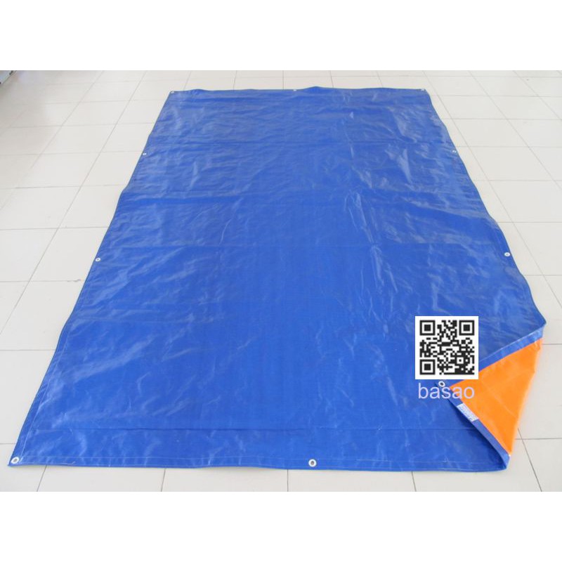 Tấm bạt may sẵn, kích thước 2,5 x 5m, màu xanh - cam, không thấm nước, viền tăng cường, khuy kim loại