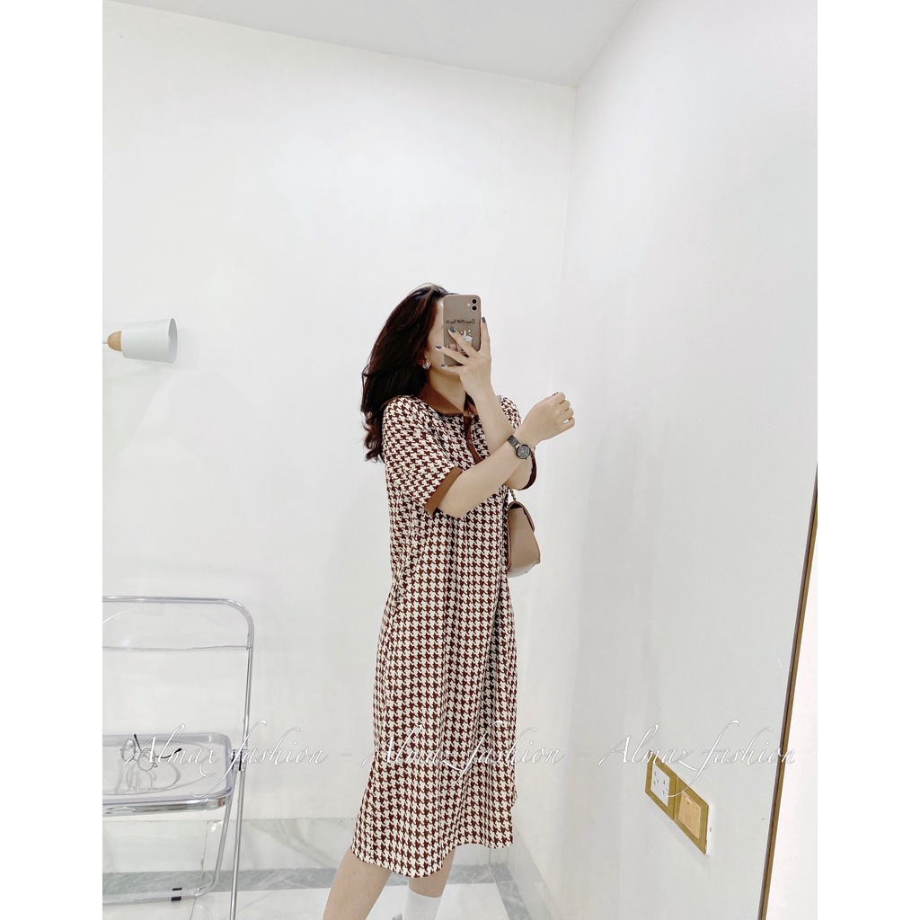 Váy suông cổ đức hoạ tiết ziczac, váy đũi lụa siêu mềm siêu mát - Almaz Fashion