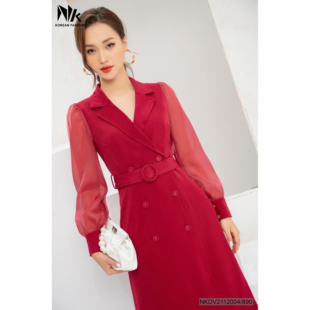 Váy Sơ Mi Công Sở Nữ NK Fashion Thiết Kế Cổ Vest Dài Tay Giao Cúc Kèm Đai Eo Tôn Dáng NKDV2112004