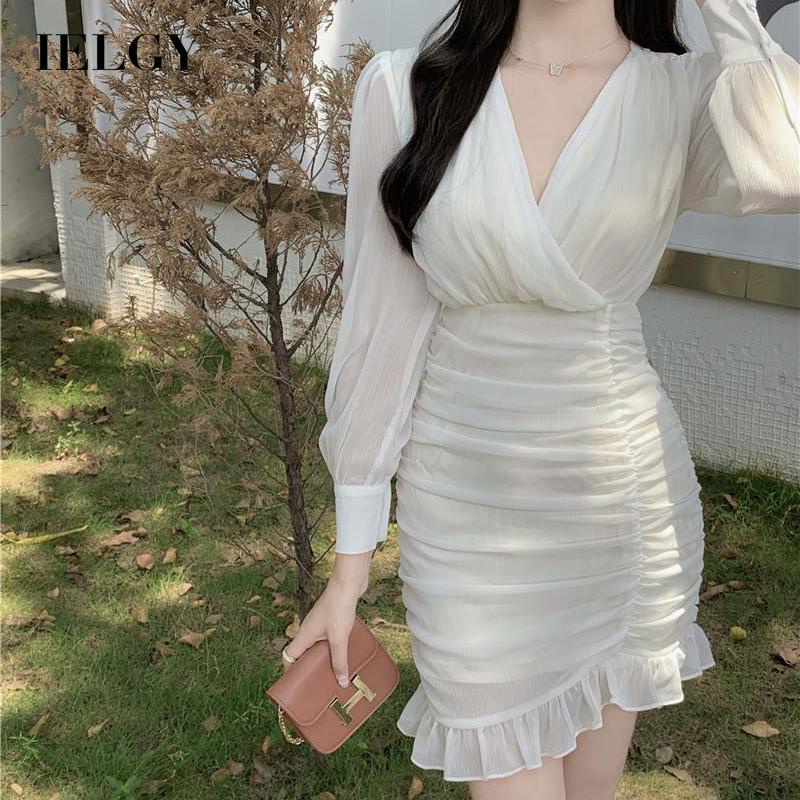 IELGY Đầm Chiffon Trắng Tay Phồng Cổ Chữ V Dáng Ôm Thời Trang Hàn Quốc Cho Nữ