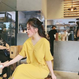 Đầm suông cổ V nhún ngực (có cận vải)