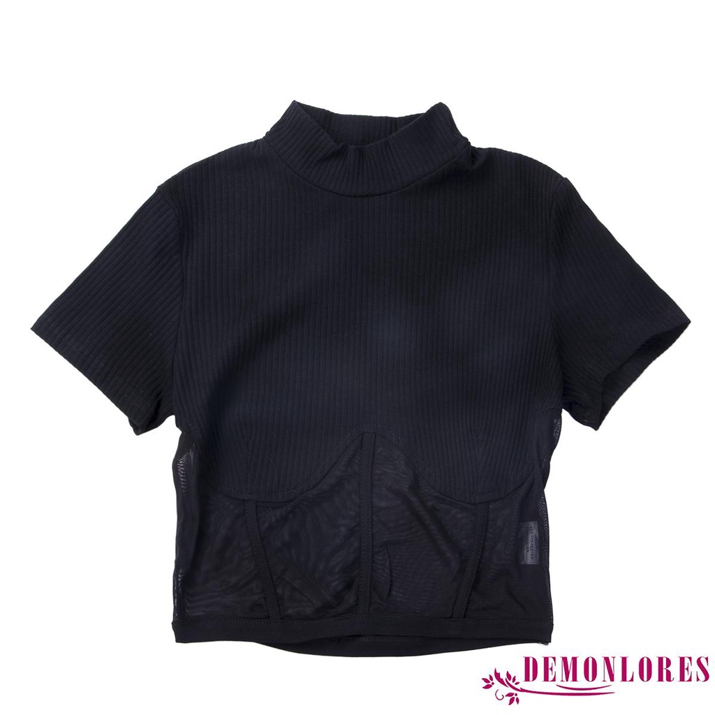 Áo Croptop Dệt Kim Tay Ngắn Cổ Lọ Thiết Kế Xuyên Thấu Quyến Rũ