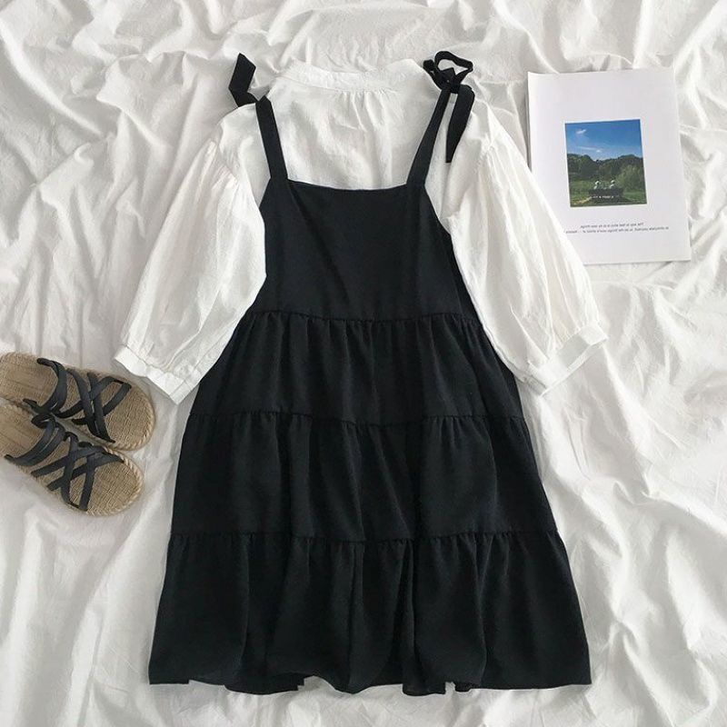 Váy Cho Bé Gái | Set Áo Sơ Mi Tay Ngắn Phồng Cổ Tròn + Chân Váy Ngắn Thời Trang Cho Bé Gái 10-12 - 14-18 Tuổi ，Váy 2 Dây，chân váy đen