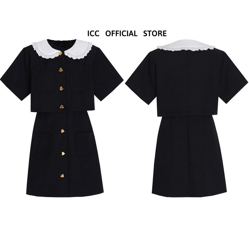 [ORDER] Đầm Sơ Mi Ngắn Tay Màu Đen Cúc Trái Tim Phối 2 Màu Đen Trắng VD095 ICC Official Store