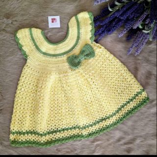 Áo đầm len handmade Vàng phối xanh