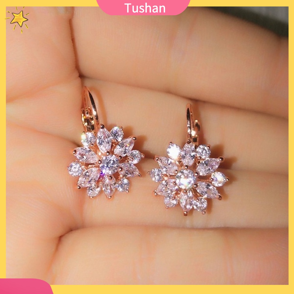 TUSH_Cubic Zirconia Inlaid Sunflower Dangle Leverback Earrings Chic Lady Jewelry Gift
