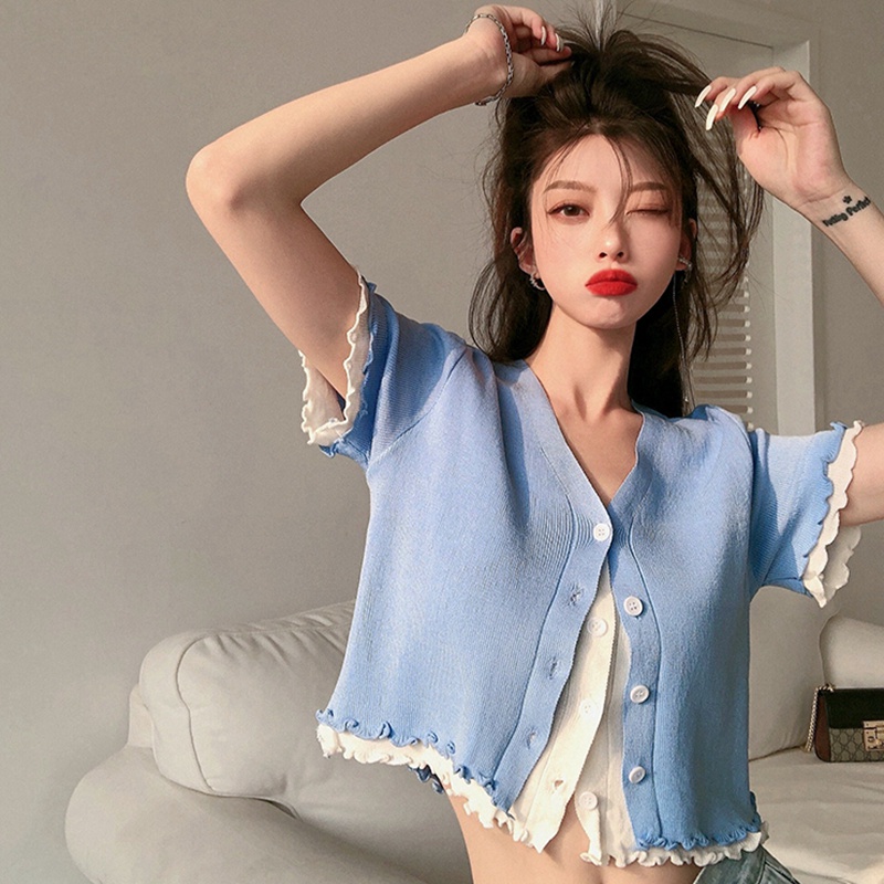 Áo kiểu ZHELIHANGFEI ngắn tay giả hai lớp cổ chữ V ôm dáng thời trang mùa hè dành cho nữ