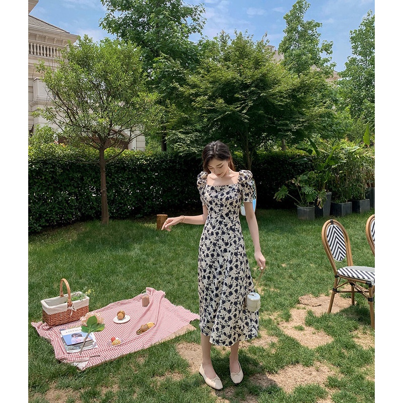 COZOK Đầm Hoa Tay Phồng Ôm Eo Phong Cách retro Nữ Tính