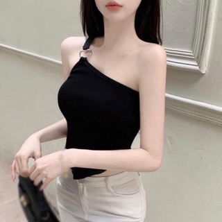 Áo thun dây một bên chéo vai croptop hở lưng trơn - Order taobao quảng châu