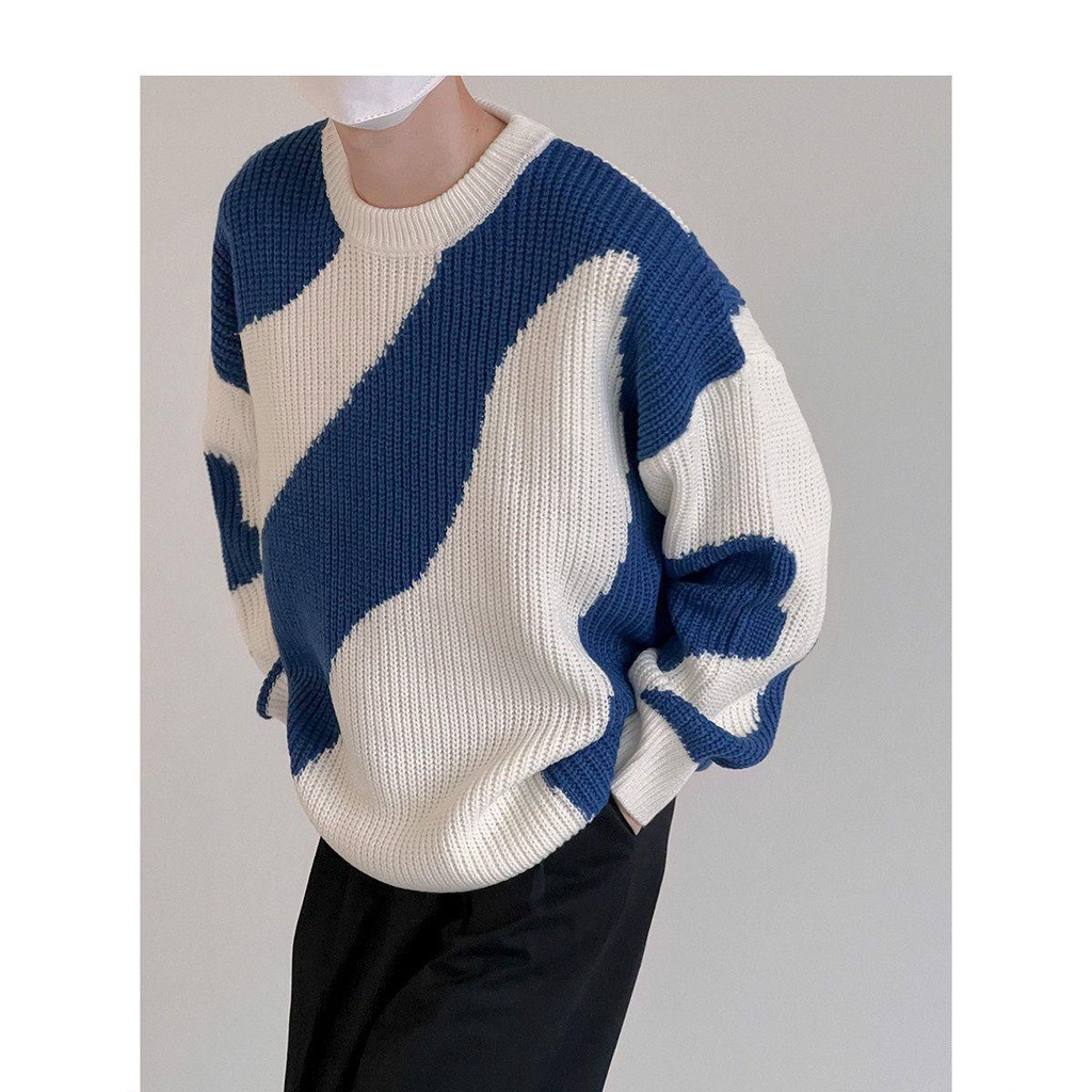 Áo Sweater Cổ Tròn Màu Sắc Tương Phản Phong Cách Retro Nhật Bản Cao Cấp