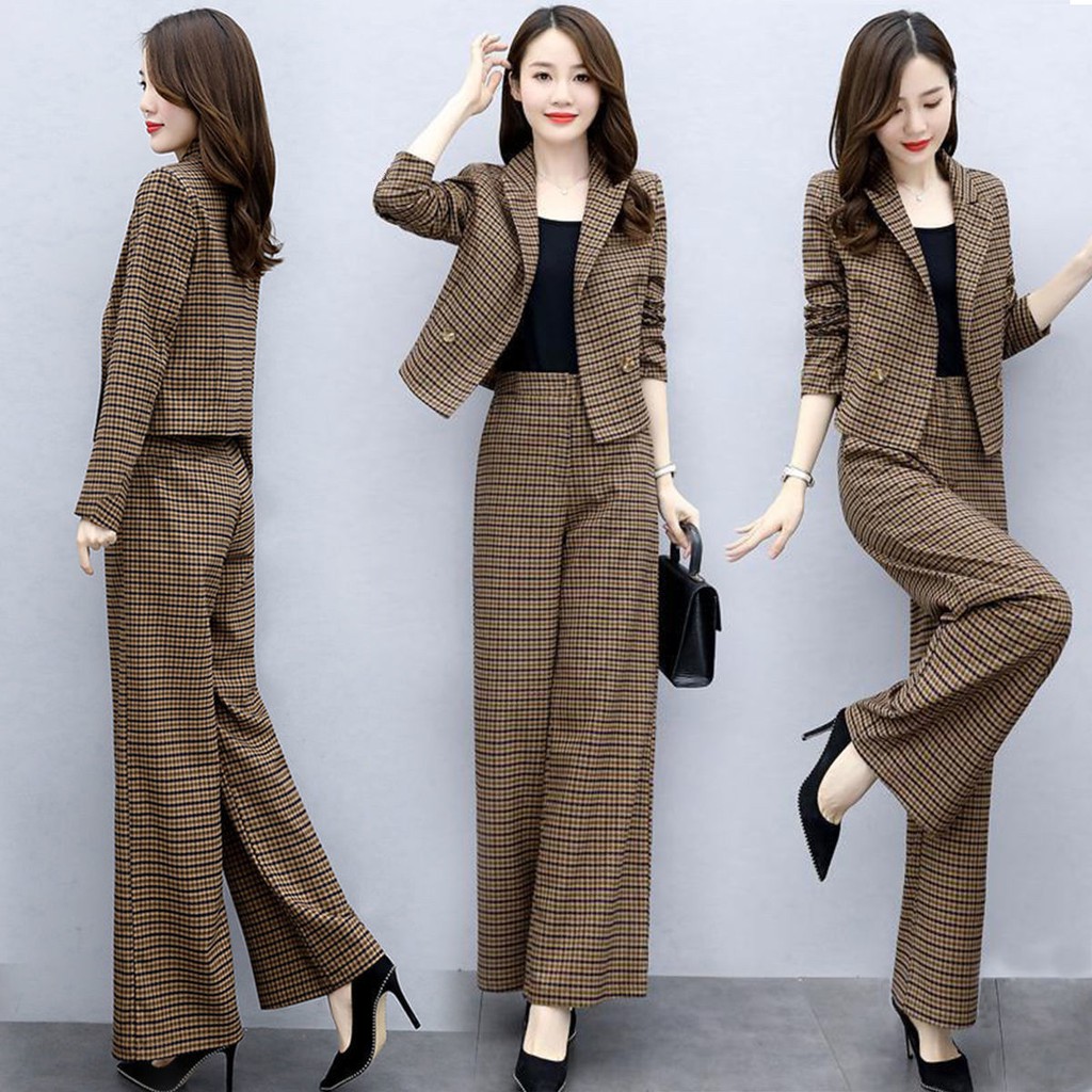 Single / suit đầu xuân 2021 phong cách mới quần tây hàn quốc thời trang hợp mốt ống rộng kẻ sọc caro nữ [xuất xưởng t