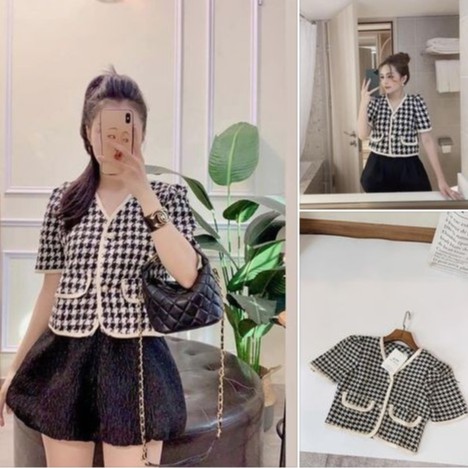 Áo dạ kẻ túi nắp tay ngắn (có video và ảnh thật)