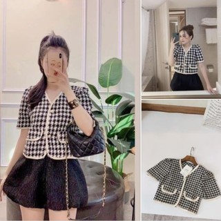 Áo dạ kẻ túi nắp tay ngắn (có video và ảnh thật)