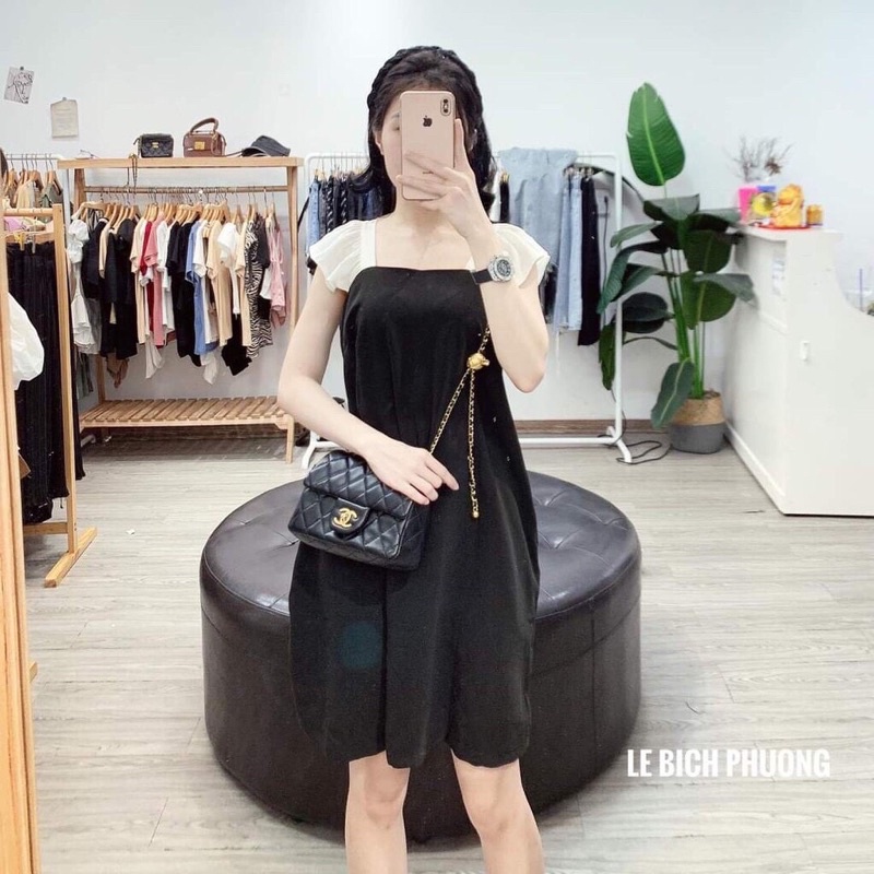 Đầm đen dáng xuông phối tay bèo tiểu thư | BigBuy360 - bigbuy360.vn