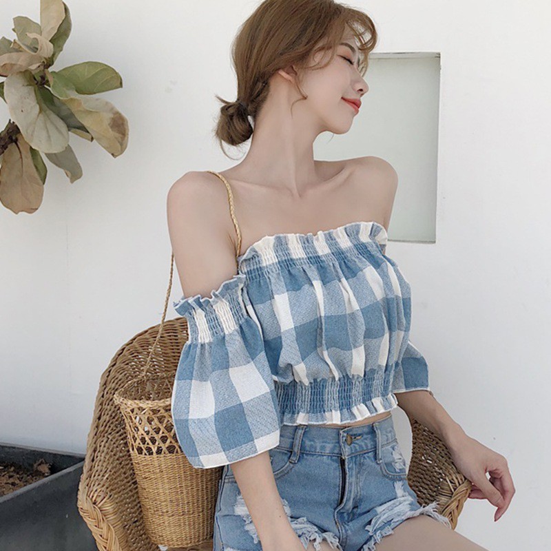 Áo croptop tay ngắn trễ vai họa tiết caro nữ tính gợi cảm cho nữ | BigBuy360 - bigbuy360.vn