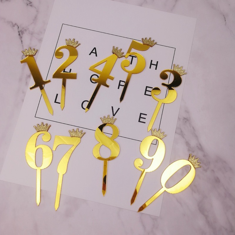 Thẻ Số Bánh Sinh Nhật Bằng acrylic Mạ Vàng Hình Vương Miện Màu Vàng Cho Bé 1-10 Tuổi