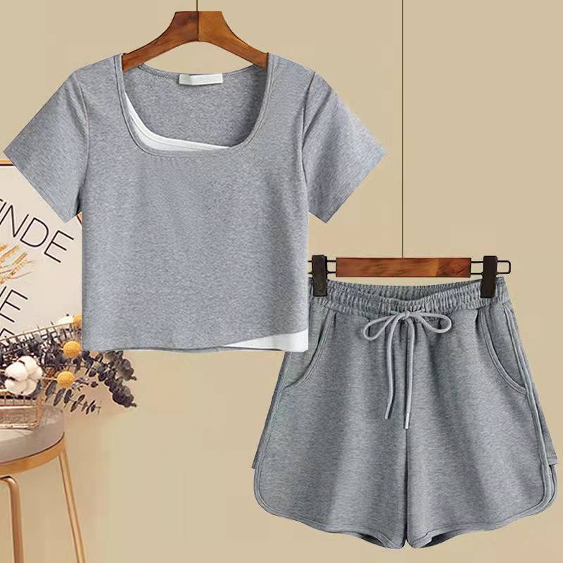 Single / suit contains cotton fake two-piece short-sleeved T-shirt women's summer new leisure sports shorts women's outer wear fashion two-piece suit