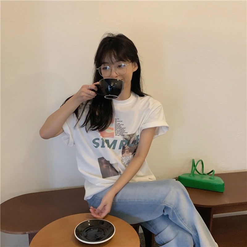 Áo Thun Tay Ngắn Dáng Rộng In Hình Thời Trang Kiểu retro Mỹ Cho Nữ