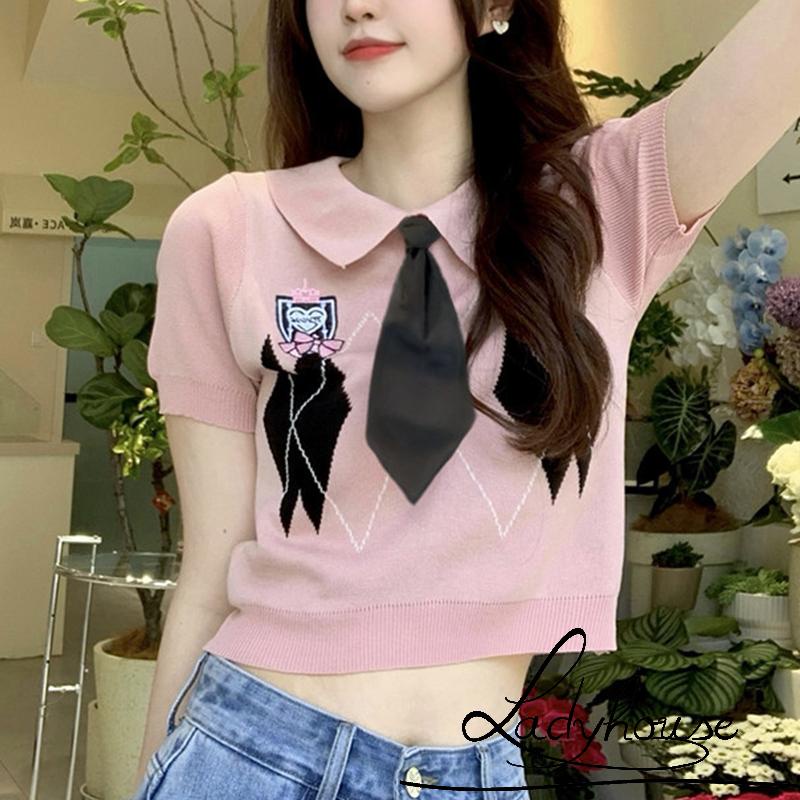 Áo Croptop Dệt Kim Tay Ngắn Cổ Bẻ Thêu Họa Tiết Hình Thoi Có Cà Vạt Cho Nữ