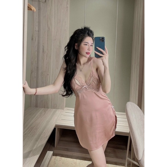 váy ngủ sexy lụa Quảng Châu cao cấp tím -hồng 009