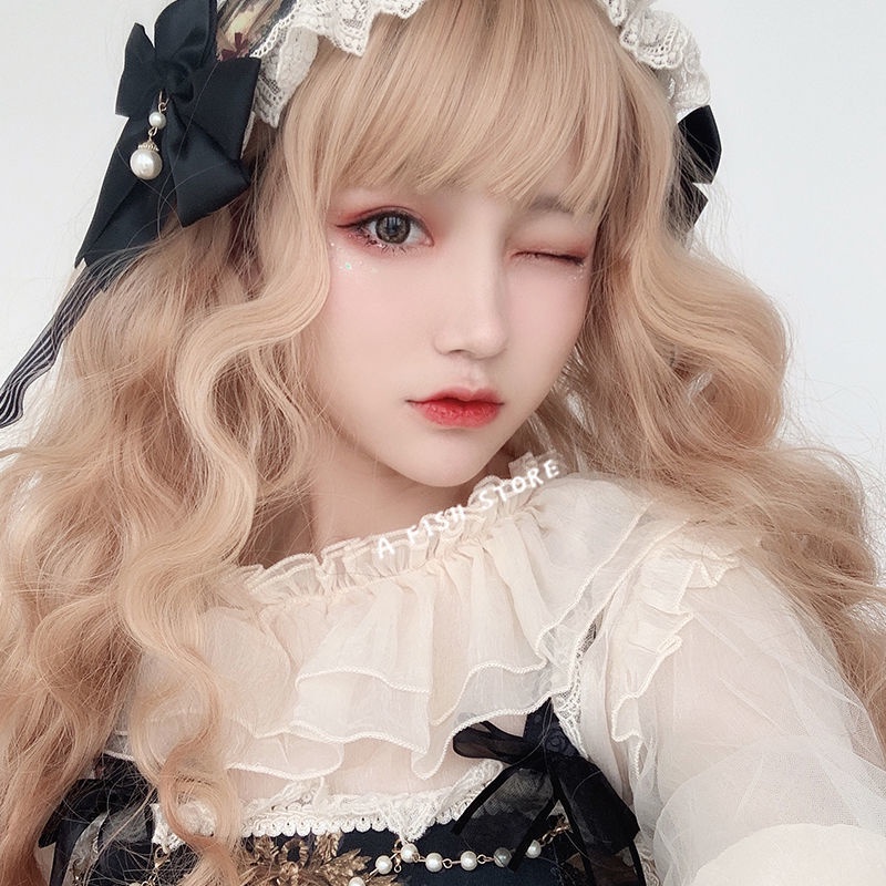 Bộ Tóc Giả Xoăn Dài Ngang Vai Màu Xanh Lam Phong Cách lolita Dành Cho Nữ