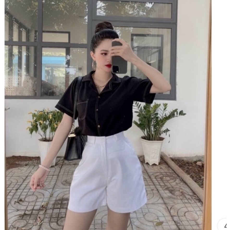 Quần Short Cạp Cao Quần Short Ống Rộng Dáng Lửng Ulzzang Siêu Xinh chất liệu kaki