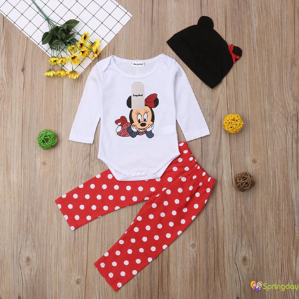 Bộ 3 Cái Gồm Áo Thun Hình Chuột Mickey+Quần Dài+Nón Cho Bé Sơ Sinh, Bé Gái