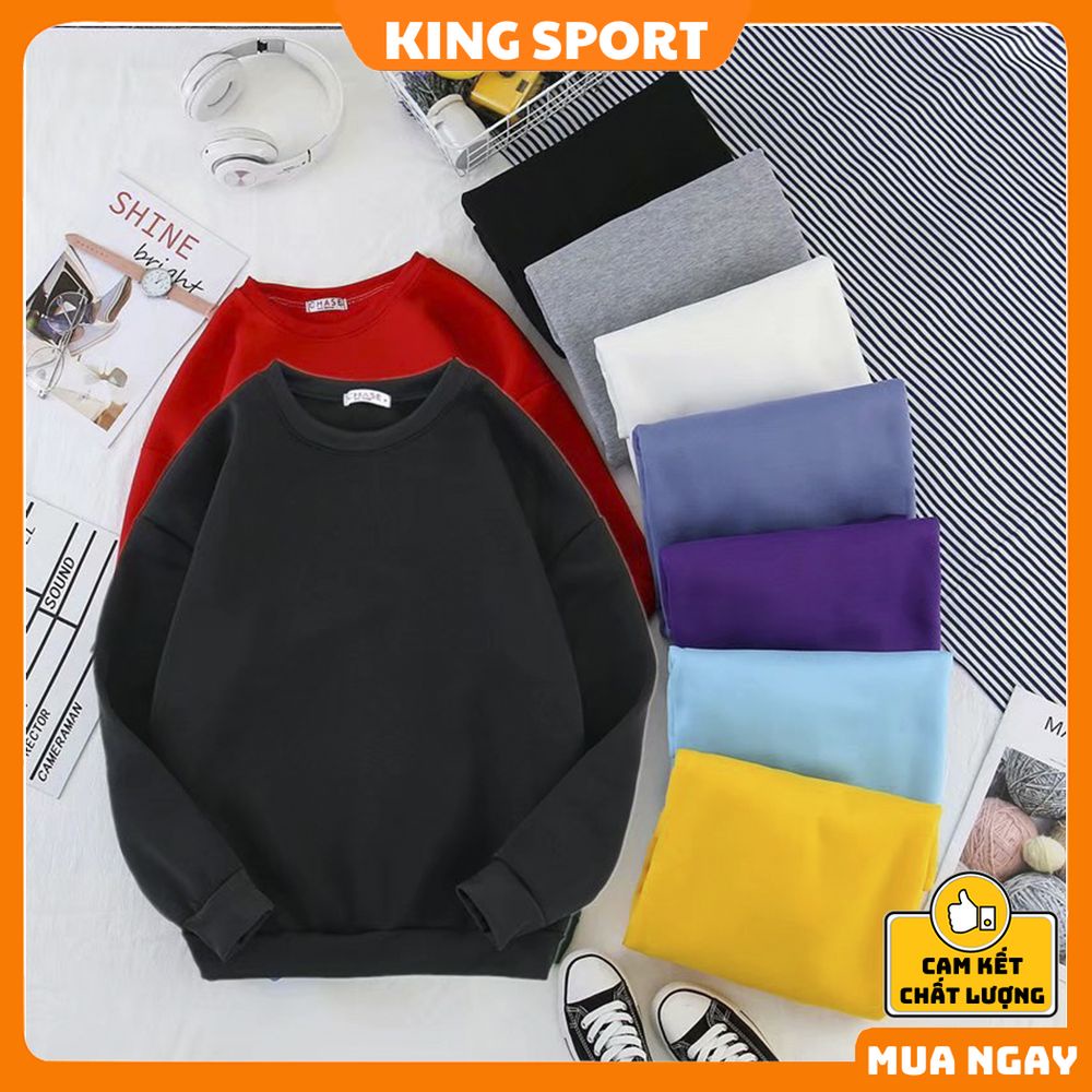 Áo sweater nỉ trơn nam nữ form rộng unisex hàn quốc KING SPORT Áo nỉ trơn cổ tròn dài tay lót nỉ ấm áp cao cấp