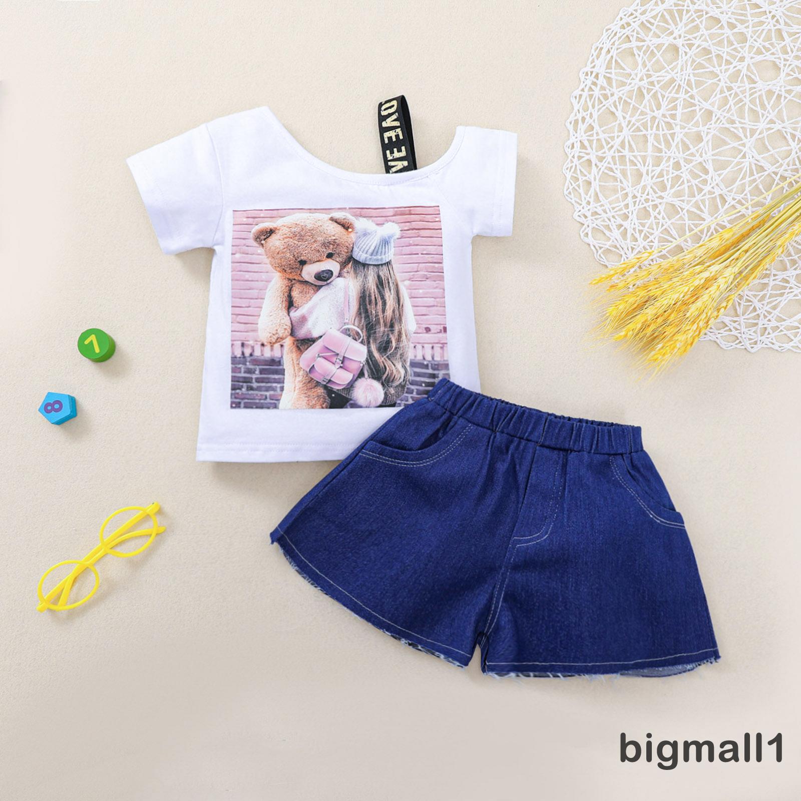 Set Áo Thun Lệch Vai Và Quần Short Denim Đáng Yêu Cho Bé Gái