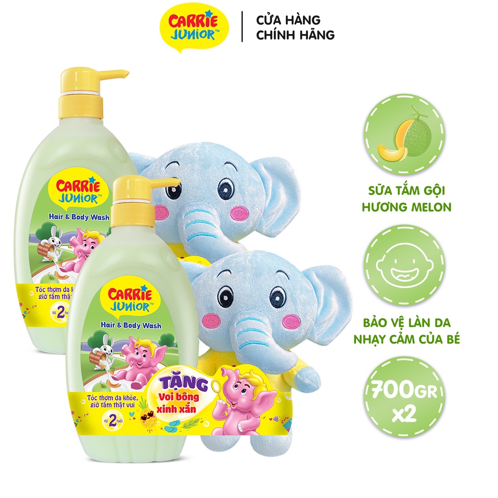 Combo 2 Chai Sữa Tắm Carrie Junior Yoghurt Hương Melon + Voi Bông (700g x2)