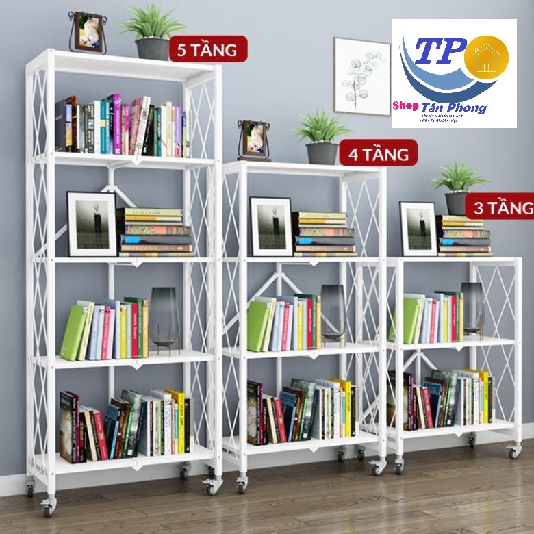 Kệ Để Đồ Gấp Gọn 3 tầng Thép Sơn Tĩnh Điện, Kệ Đa Năng Màu Trắng Có Bánh Xe cố định, Tiện Lợi gấp lại khi không sử dụng