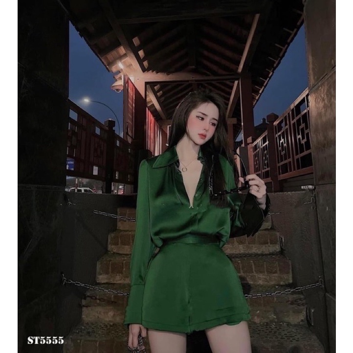 Set sơ mi lụa quần đùi lưng keo dây kéo hàng đẹp