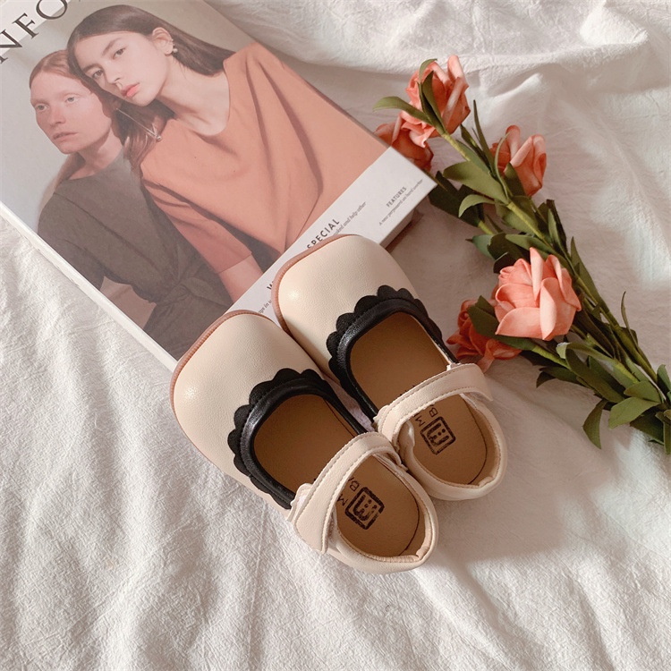 Giày búp bê bé gái phong cách vintage chất da PU mềm đẹp mũi phối viền xinh xắn Giày da cho bé Búp bê trẻ em bé gái