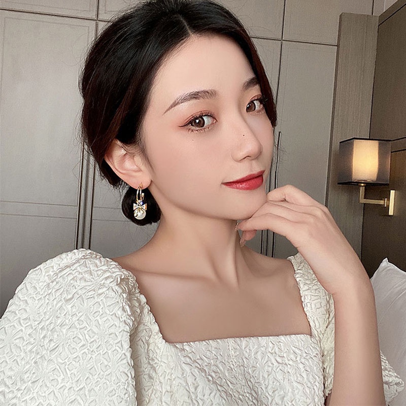 Bông Tai Mạ Bạc 925 Đính Nơ Và Ngọc Trai Thời Trang Cho Nữ